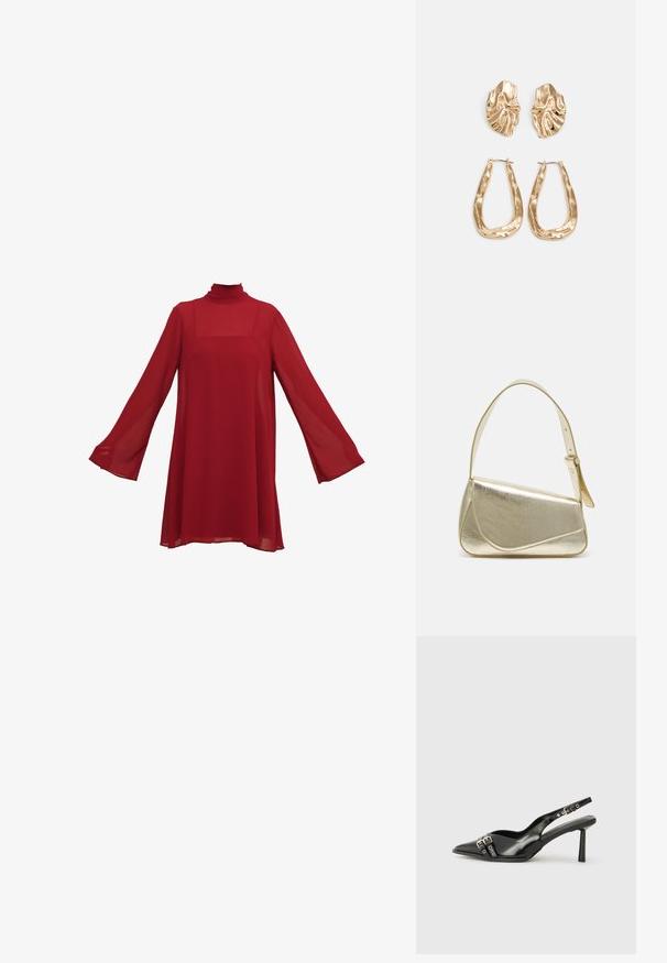 Raudona šifono suknelė su ilgomis varpo formos rankovėmis ir aukštu kaklu. Laisvas, plazdantis siluetas su kvadratu iškirpte ir permatomu audiniu.; Juodas lakuotas odinis batelis su smailiu pirštu, kulkšnies dirželiais su sidabrinėmis sagtimis ir detalėmis, bei plonu kulnu.; Aukso metalinės rankinės su struktūrizuotu dizainu, lygaus paviršiaus ir reguliuojama dirželiu. Pasižymi unikaliu trikampiu pavidalu ir minimalizmu siuvinėjime.; Auksinės auskarai, turintys tekstūruotus, bangų formos elementus. Įeina skulptūriniai segami auskarai ir atviri lankai su išmuštu paviršiumi.