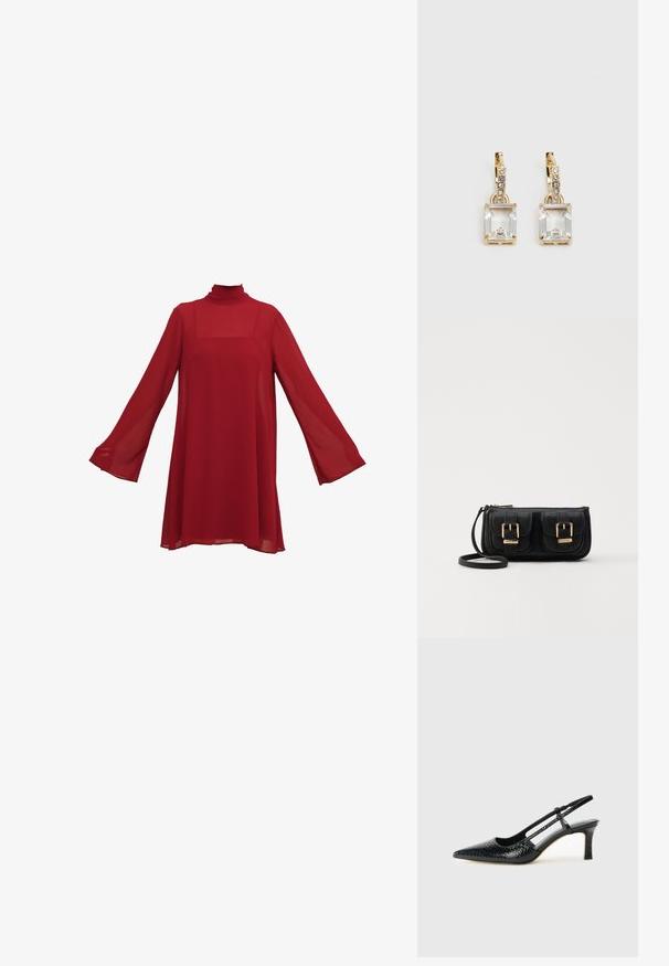 Raudona šifono suknelė su ilgomis varpo formos rankovėmis ir aukštu kaklu. Laisvas, plazdantis siluetas su kvadratu iškirpte ir permatomu audiniu.; Juodai lakuoti slingback aukštakulniai su smailiu nosiu, su tekstūruotu gyvatės raštu, reguliuojama juosta ir trumpu, tekstūruotu blokiniu kulnu.; Juodas odinis per petį nešiojamas krepšys su dviem priekiniais kišenėmis, auksiniais sagtimis, užtrauktuko uždarymu ir siauromis petnešomis. Textūruota paviršius ir kompaktiškas stačiakampis formatas.; Auksinės spalvos auskarai, kuriuose yra stačiakampis, skaidrus kristalas, kabantis po eile mažų, apvalių skaidrių akcentų. Šiuolaikiškas, modernus dizainas.