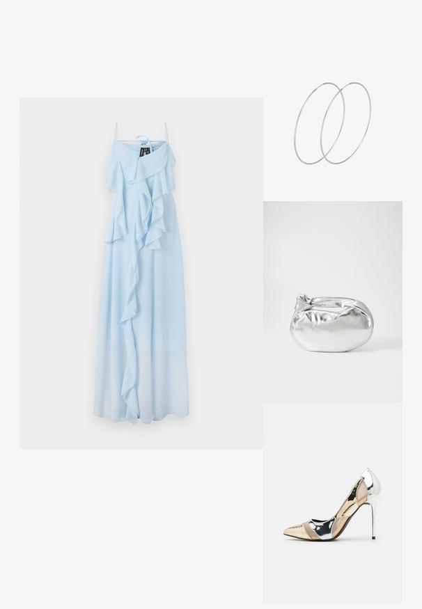 Šviesiai mėlyna maxi suknelė su plonomis petnešėlėmis, sluoksniuota volanų dizainu prie liemens ir laisvai krintančia medžiaga, kuri tęsiasi iki ragenos.; Aštrus pirštas aukštakulnis batelis su sidabro, aukso ir nuogų spalvų deriniu. Blizgus paviršius su išpjovos dizainu, su stiletto kulnu.; Sidabrinė metalinė maišelio forma su švelnia, apvalia forma ir mazgu užveriamu viršumi. Pagaminta iš lygios dirbtinės odos medžiagos.; Sidabrinės pusmėnulio auskarai minimalistiniu dizainu. Apskritimo forma, lygus paviršius ir plonas profilis. Lengvi su poliruotu apdailu.