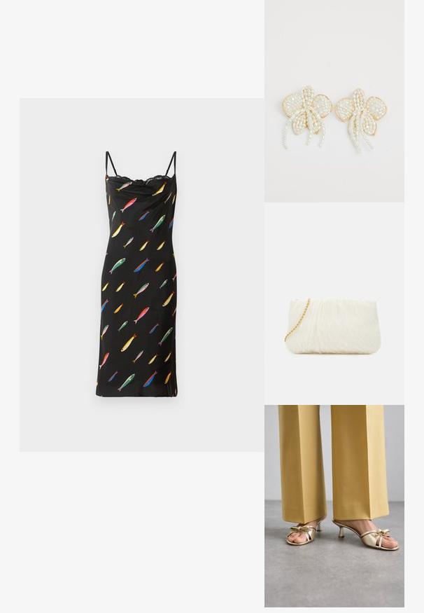 Czarna sukienka bez rękawów z dekoltem w łódkę, wykonana z gładkiego materiału. Dekorowana kolorowym nadrukiem ryb na całej powierzchni oraz koronkowym wykończeniem przy dekolcie.; Stuart Weitzman FELICITY złoty; Biała torebka kopertowa o teksturowej powierzchni z marszczeniem, z złotym łańcuszkiem. Gładkie wykończenie z delikatnymi falami i zaokrąglonymi krawędziami.; Kolczyki w kształcie kwiatu z perłami i złotymi akcentami. Każdy płatek zdobiony jest małymi, okrągłymi perłami ułożonymi w kwiatowy wzór, z opadającymi detalami z pereł.