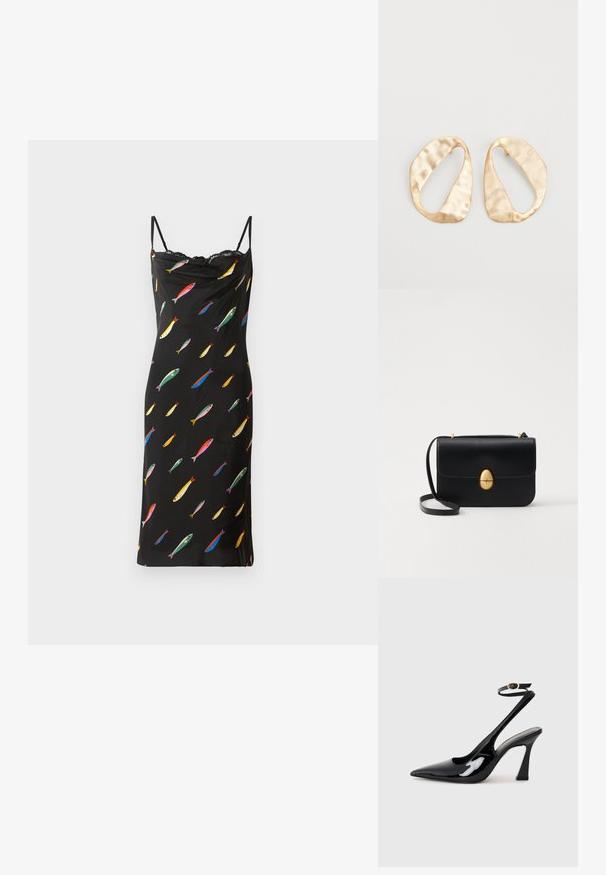 Must mustrõiv mustra ja elegantsne kaelus, valmistatud sileda kangaga. Kaunistatud värvilise kalamustriga üle kogu keha ja pitsäärisega kaeluses.; Mustad läikivad patendiga slingback-kõrged kontsad, millel on terav põlv ja reguleeritav pahkluu rihm, ning mõõdukas plokknukk. Sile tekstuur läikiva viimistlusega.; Must kase nahast käekott, millel on struktureeritud ristkülikukujuline kuju. Omab kuldset ovaalset lukku ja õhukest õlavarre rihma. Sile tekstuur.; Eba paar eba ebaorditud ovaalkujulisi kuldehhe kaal setertu, kerge keersuju pinnaga valgel taustal.