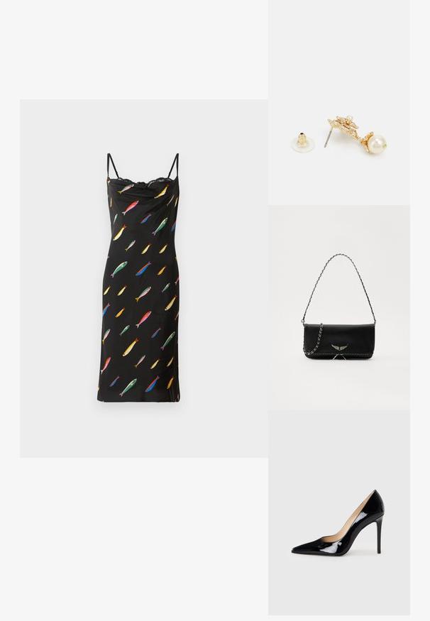 Must mustrõiv mustra ja elegantsne kaelus, valmistatud sileda kangaga. Kaunistatud värvilise kalamustriga üle kogu keha ja pitsäärisega kaeluses.; Must matte musta kõrge kontsaga king, millel on terav varvas ja sujuv siluett. Omab sileda, läikivat viimistlust ja sale stiletto konts.; Mustvalge nahk käekott hõbedase ahelsanga ja dekoratiivsete tiivaaktsentidega, samuti valgete õmblustega alumises ühenduses.; Kuldtooni kõrvarõngad, millel on dekoratiivne disain ja pärli aksent, metallpilt ja läbipaistev kummist toestus.