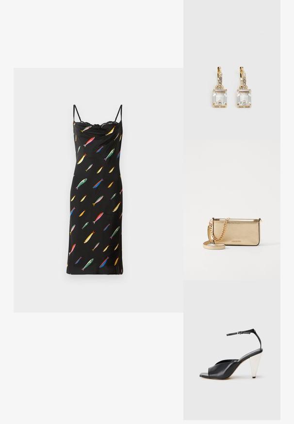 Rochie neagră fără mâneci, cu guler cowl, realizată dintr-un material neted. Prezintă un imprimeu colorat cu pește pe toată suprafața și dantelă la decolteu.; Sandal cu toc înalt din piele neagră, cu vârf deschis, design asimetric, curea pentru gleznă și toc metalic în formă de con. Textură netedă pe toată suprafața.; Clutch din piele aurie metalizată, cu un finisaj texturat, având o curea din lanț aurie și o curea pentru umăr detașabilă. Logo-ul brandului embosat.; Cercei aurii care prezintă un cristal clar, rectangular, suspendat sub un rând de accente mici, rotunde, clare. Design elegant și modern.