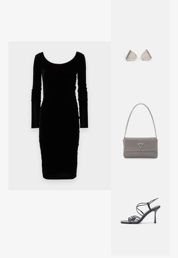 Juodas aksominis ilgos rankovės suknelė su prigludusia siluetu. Turi plačią apykaklę ir lygią tekstūrą, siekiančią kelių ilgį.; Juodos aukštakulnės sandalai pasižymi plonyčiais dirželiais su mazgo dizainu, lygiu kvadratiniu pirštu ir elegantišku stiletto kulnu.; Šviesiai pilka metalinė rankinė su grandinėlės dirželiu, papuošta mažais apvaliais metaliniais smeigėmis ir trikampiu prekės ženklu.; Sidabriniai metaliniai auskarai su lygiu, ašaros formos dizainu ir blizgiu paviršiumi. Subtilūs raižiniai prideda detalumo. Minimalistinis dizainas.