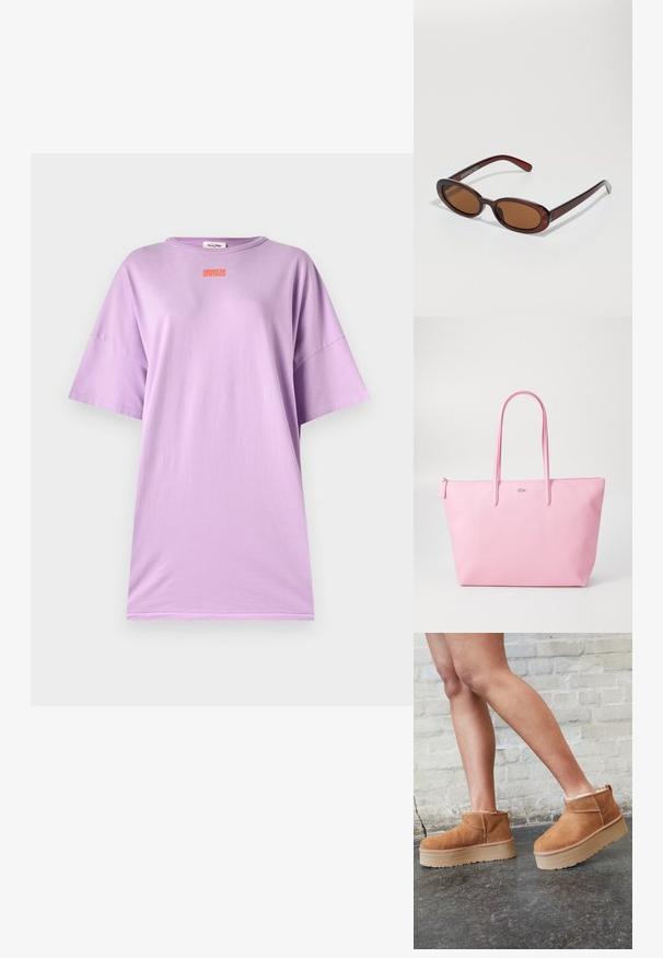 Lilla puuvillane T-särk, millel on lõdvestatud istuvus, lühikesed varrukad ja ribakreemikaelus. Esiosas on väike oranž logo.; Pruunist seemsest valmistatud pahkluu saapad, millel on pehme vooder, paks beež platvormi konts ja tagumine tõmblukk. Tekstureeritud pind nähtavate õmbluse detailidega.; Ümar, pruunikased päikeseprillid läikiva burgundia raami ja peente kaubamärgi detailidega. Peened sangad ja lame läätsedesain.; Roosa kott, mis on valmistatud tekstuurilisest materjalist, millel on kaks pikka sangat ja esiküljel reljeefne logo. Lukuga pealmine sulgemine.