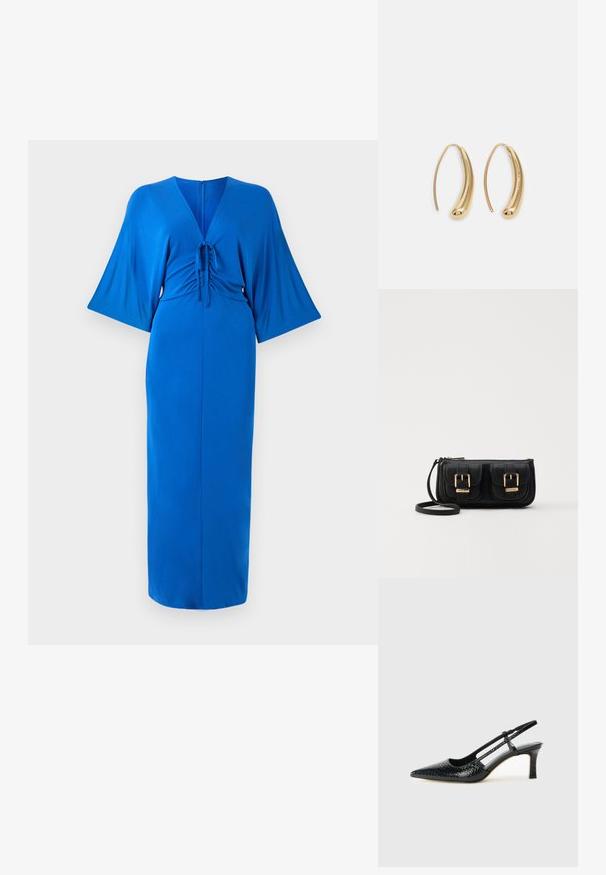 Lång blå klänning i mjukt tyg, med V-ringning, flygande ärmar och en inringad midja med knytning. Dragkedja bak.; Svart lackskin slingback-häl med spetsig tå, med texturerad ormskinnsprint, justerbar rem och en kort, texturerad blockklack.; Svart läderaxelväska med två framfickor, guldspännen, dragkedjestängning och en smal rem. Texturerad yta och kompakt rektangulär form.; Guldtonade metallörhängen i en kurvad, avlång form. Har en slät, glänsande yta och en rundad spets för en extra detalj.