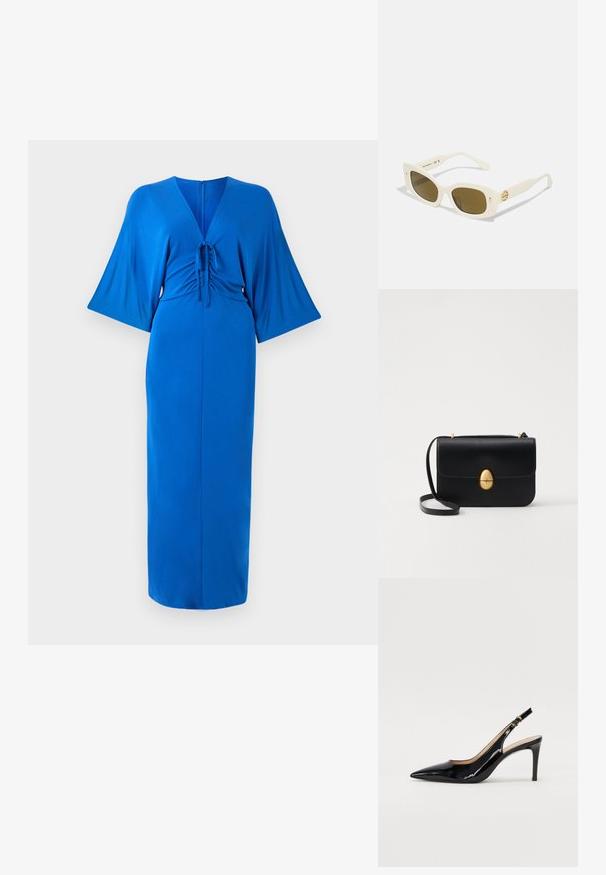 Vestido longo azul em tecido suave, com decote em V, mangas de borboleta e cintura ajustada com detalhe de laço. Fecho com zíper nas costas.; Sandal com salto em verniz preto, bico fino, salto esguio e um design de recorte subtil. Apresenta uma fivela dourada na alça.; Óculos de sol brancos de plástico com armação retangular, lentes castanhas e um detalhe dourado na têmpora. Textura suave e design moderno.; Bolsa de mão em couro preto com uma forma rectangular estruturada. Apresenta um fecho oval dourado e uma alça para o ombro fina. Textura suave.