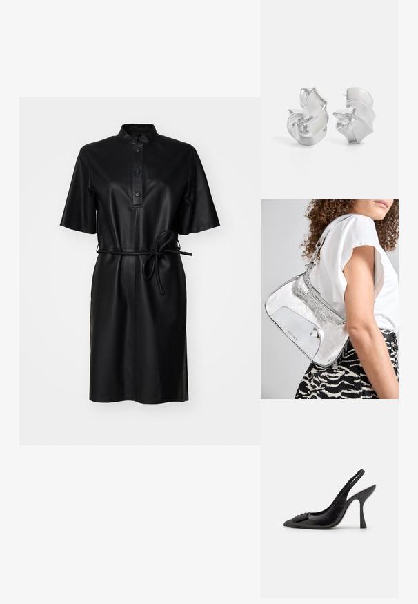 Emporio Armani DRESS - Dienas kleita - black beauty; Melnas ādas sārta kurpes ar smailu purngalu, šauru augstu papēdi un dekoratīvu loku akcentu. Gluda tekstūra un elegants dizains.; Sudrabaini metāla plecu soma ar gludu tekstūru, izliekta dizaina, ķēdes siksnu un pulētu priekšējo paneli ar smalku logotipa gravējumu.; Sudeļi ar plūstošu spirālveida dizainu. Gluda tekstūra ar pulētu apdari. Iezīmējas ar maigu spīdumu un nav redzamu rotājumu.