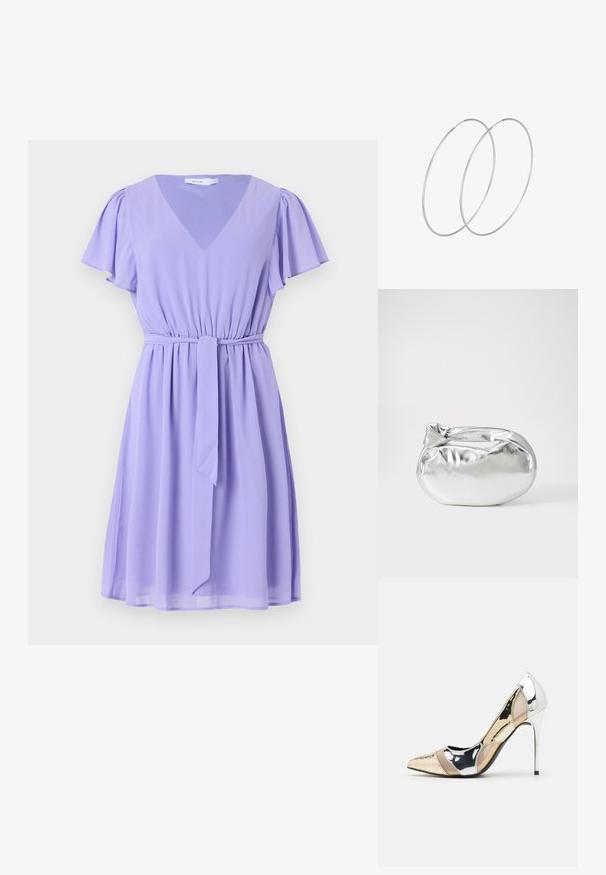 Lilla kleit, mis on valmistatud kergest kangast, millel on V-kujuline kaelus, lühikesed lehviva varrukad, koonusrihm ja laienev seelik.; Kitsas toe kõrge kontsaga kingad, millel on hõbedane, kuldne ja nude värvilahendus. Läikiv viimistlus lõikekujundusega, stiletto konts.; Hõbedane metallikoti kott pehme, ümar kuju ja sõlme ülemise sulgemisega. Valmistatud siledast kunstnahast materjalist.; Hõbedased rõngastikkaehingad minimalistlikus disainis. Ümar kuju, sile tekstuur ja õhuke profiil. Kerged ning poleeritud viimistlusega.