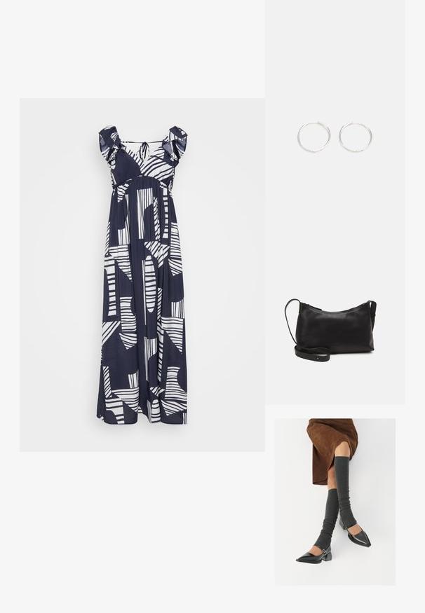 Tmavě modré maxi šaty s bílými abstraktními vzory, s volánovými ramínky a volným, splývavým siluetou. Měkká textilie.; Černé lakované boty s špičatou špičkou, blokovým podpatkem a kotníkovým páskem, spárované s šedými žebrovanými návleky na nohy a hnědskou sukní z semiše.; Černá kožená taška přes rameno s hladkým povrchem, zakřiveným tvarem, nastavitelným popruhem a zipovým uzávěrem. Minimalistický design bez zdobení.; Stříbrné kruhové náušnice s elegantním, kulatým designem, s hladkým povrchem a bez viditelných ozdob. Průměr není specifikován.