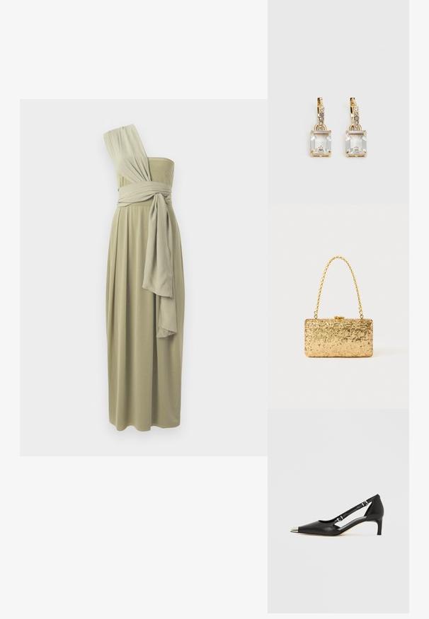 Jedno-ramenné midi šaty v olivovej farbe, so zavoľnenou látkou a ovinutým pásom. Hladká textúra s plynulým dizajnom.; Čierna kožená lodička s nízkym opätkom typu kitten, so špicatou striebristou špičkou a dvoma remienkami s prackami na bielom pozadí.; Zlatá flitrová listová taška s obdĺžnikovým tvarom, vybavená skrúteným reťazovým držadlom a kovovým uzatváraním, odrážajúca svetlo s textúrovaným povrchom.; Náušnice v zlatej farbe, ktoré majú obdĺžnikový, transparentný kryštál visiaci pod radom malých, guľatých, čírych akcentov. Elegantný, moderný dizajn.