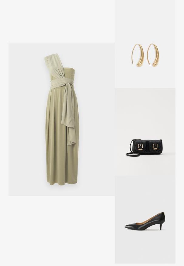 En-skulder midi-kjole i olivengrønn, med drapert stoff og innpakket midje. Glatt tekstur med et flytende design.; Sorte lærpumpe med spiss tå, lav hæl og en glatt tekstur. Har en liten åpning foran og minimalt med beslag bak.; Svart skinn crossbody veske med to frontlommer, gyldne spenner, glidelåslukking og en slank stropp. Teksturert overflate og kompakt rektangulær form.; Gullfargede metalløredobber med en buet, forlenget form. Har en jevn, blank overflate og en avrundet tupp for ekstra detaljer.
