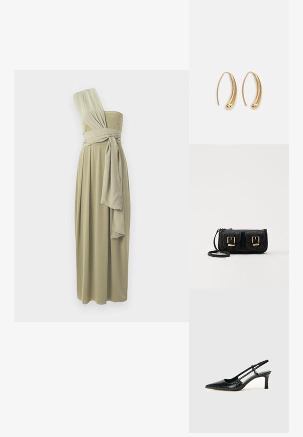 Olivi vihreä olkaimeton midi-mekko, jossa on roikkuvaa kangasta ja kääritty vyötärö. Sileä pinta ja virtaava muotoilu.; Musta patent slingback-kiilakorko teräväkärkisellä muotoilulla, jossa on teksturoitu käärmeennahkakuosi, säädettävä remmi ja lyhyt, teksturoitu blokkiheel.; Musta nahkainen olkalaukku, jossa on kaksi etutaskua, kultaiset soljet, vetoketjukiinnitys ja kapea hihna. Teksturoidun pinnan ja kompaktin suorakaiteen muoto.; Korvakorut kultasävytteistä metallista, joissa on kaareva, pitkänomainen muoto. Ominaisuuksiin kuuluu sileä, kiiltävä pinta ja pyöreä kärki lisäyksinä.