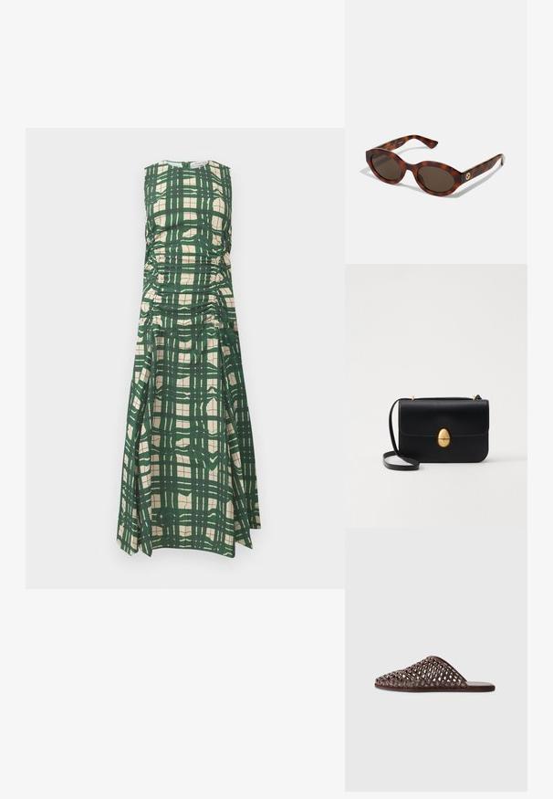 Zielono-kremowa sukienka w kratę bez rękawów z marszczonymi detalami po bokach i okrągłym dekoltem, wykonana z gładkiego, teksturowanego materiału.; Brązowe plecione klapki z zaokrąglonym noskiem, otwartym wzorem, płaską podeszwą i teksturowanym wykończeniem. Lekki materiał i minimalistyczny kształt.; Okulari w karmelowo-brązowym wzorze z okrągłymi oprawkami, ciemnymi soczewkami i złotymi detalami logo na zausznikach. Gładki plastikowy materiał, brak widocznych wzorów.; Czarna skórzana torba na ramię o strukturalnym prostokątnym kształcie. Posiada złoty owalny zamek i cienki pasek na ramię. Gładka faktura.
