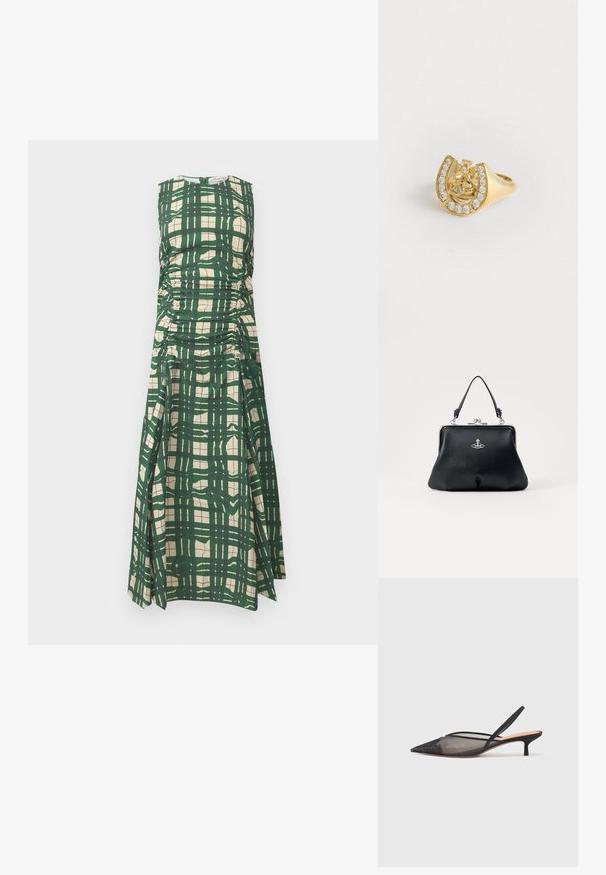 Vihreä ja kerma-valkoinen ruudullinen hihaton mekko, jossa on kerrostettu sivuote ja pyöreä pääntie, valmistettu sileästä teksturoidusta kankaasta.; NEOUS IRENA - Avokkaat - black; Musta nahkalaukku, jossa on tekstuuripinta, hopeiset yksityiskohdat, lukolla suljettava ja lyhyet kahvat kantamista varten. Kompakti ja muotoiltu design.; Kultainen sormus, jossa on kruunusuunnittelu hevosenkenkämuodossa, koristeltuna pienillä kirkkailla jalokivillä, valkoisella taustalla.