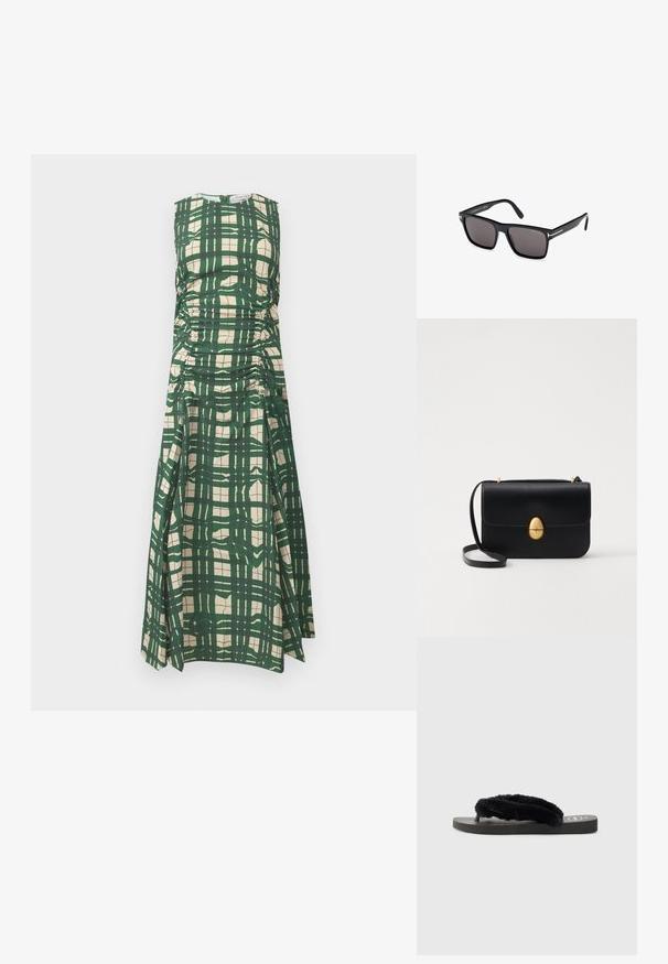 Zöld és krémszínű kockás ujjatlan ruha, oldalt ráncolt részletekkel és kerek nyakkivágással, sima textúrájú anyagból készült.; Fekete papucsok két puha, bolyhos pánttal, lapos gumitalppal és textúrázott talprészel a jobb tapadás érdekében. Egyszerű dizájn egy monokróm színvilágban.; Fekete, téglalap alakú napszemüveg gradációs szürke lencsékkel. Fekete műanyag keret ezüst színű fémelemekkel a templomokon. Könnyű kialakítás.; Fekete bőr kézitáska, struktúrált, téglalap alakú formával. Arany ovális kapoccsal és vékony vállpánttal rendelkezik. Sima textúrájú.