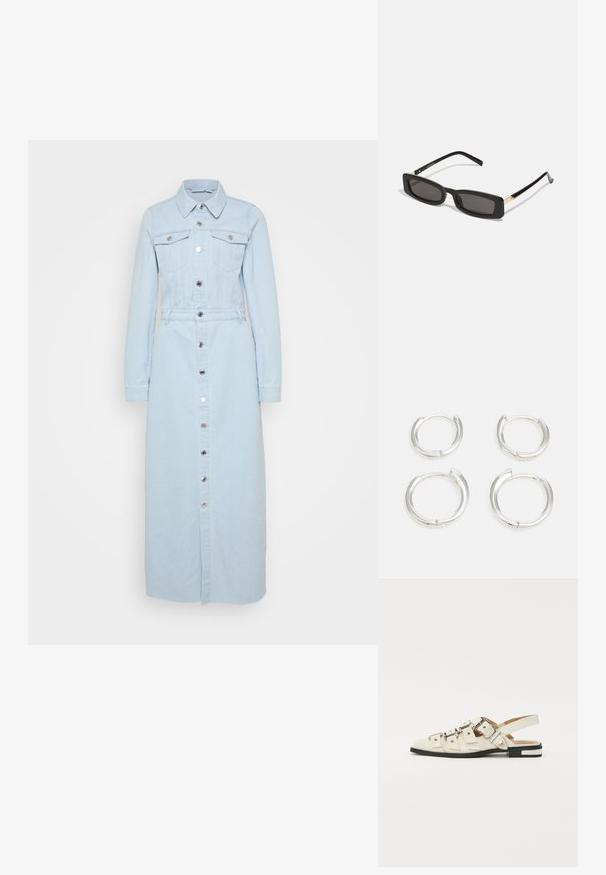 Svetlomodrá denimová košeľová šaty s dlhými rukávmi, zapínaním vpredu na gombíky, dvoma náprsními vreckami a opaskom v páse pre priliehavý strih.; Sandalové topánky so zapínaním vzadu z bielej kože s viacerými širokými popruhmi a striebornými prackami; plochá podrážka s malým čiernym podpätkom a metalickými akcentmi.; Čierne obdĺžnikové slnečné okuliare s tmavými šošovkami, lesklými plastovými rámami a zlatými akcentmi na spánkoch. Minimalistický dizajn a štíhly tvar.; Strieborné kruhové náušnice s hladkým, lešteným povrchom. Dve sady s mierne odlišnou veľkosťou. Jednoduchý, kruhový design, ľahké.