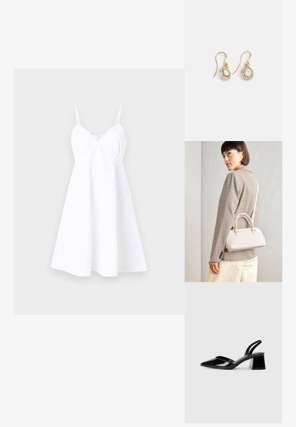 Vit ärmlös klänning med en figursydd bodice och utsvängd kjol. Tillverkad av lätt tyg, med delikat veckning framtill.; Svarta lackläder slingback klackar med spetsig tå och geometrisk klack. Har en elegant, minimalistisk design och slät yta.; Vitt strukturerat handväska med korta handtag och en axelrem, med gyllene detaljer och texturerat material, visad mot en grå bakgrund.; Guldtonade örhängen med ovalformade klara kristaller omgivna av mindre klara stenar, med en krokdesign för säker användning.