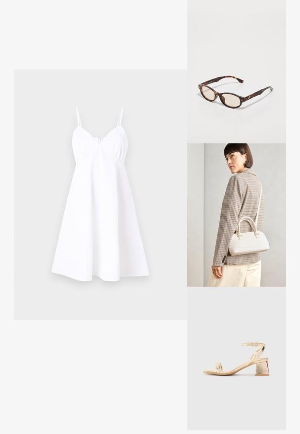 Rochie albă fără mâneci, cu un bust ajustat și o fustă evazată. Confecționată dintr-un material ușor, prezintă un detaliu delicat de pliere în față.; Sandal cu toc metalizat auriu, cu un toc bloc unghiular, două curele deasupra piciorului și o curea ajustabilă la gleznă. Textură netedă.; Ochelari de soare bleoni cu un design rotund și lentile de nuanță deschisă. Au brațe rezistente cu mici accente de aur, fabricate din material plastic.; Geantă structurată albă, cu mânere scurte și curea de umăr, având accente din metal aurit și material texturat, expusă pe un fundal gri.