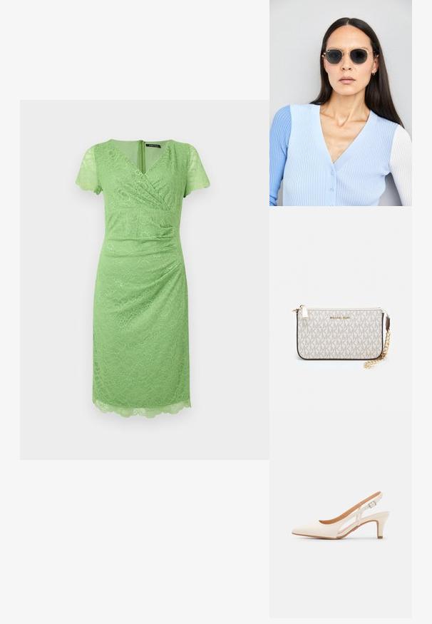 Zelené čipkované šaty s krátkymi volánovými rukávmi, výstrihom do V, zúžením, dĺžkou po kolená, s výrezom na dolnom okraji a so zipsom na zadnej strane.; Biele slingback topánky na podpätku s ostrou špičkou, hladkým vrchným materiálom, nízkym blokovým podpätkom a bočným výrezom s nastaviteľným remienkom na pracku.; Okrúhle slnečné okuliare s tmavými šošovkami a zlatým rámom. Modelka má na sebe svetlomodrý pletený kardigán s gombíkmi a bielymi rukávmi v kontraste.; Michael Kors zápästná taška v béžovej potiahnutej plátenej tkanine s opakujúcim sa vzorom loga MK, zlatým kovania a odnímateľným reťazovým popruhom.