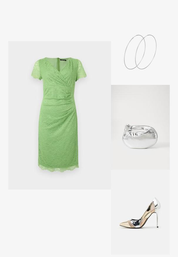 Zelena čipkasta obleka s kratkimi valovitimi rokavi, z V-izrezom, nabranimi detajli, dolžine do kolen, z valovitimi robovi in zadrgo na hrbtu.; Čevlji z visoko peto in konico, v barvni kombinaciji srebrne, zlate in nude. Sijajna obdelava z izrezljanim dizajnom, z igličasto peto.; Srebrna kovinska torbica z mehko, zaobljeno obliko in zavezano zgornjo zaporo. Narejena iz gladkega umetnega usnja.; Srebrne uhane v obliki obroča z minimalističnim dizajnom. Krožna oblika, gladka tekstura in tanek profil. Lahki s poliranim zaključkom.