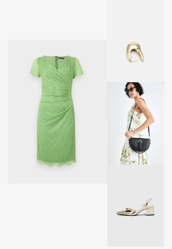 Rochie verde din dantelă cu mâneci scurte, de tip fluture, decolteu în V, detalii plisate, lungime până la genunchi, tiv cu margini ondulate și închidere cu fermoar la spate.; Pantofi cu toc slingback metalici aurii, cu vârf ascuțit și toc chunky. Textură netedă, design minimalist și o curea subțire.; Geantă din piele neagră, cu o formă curbată, curea detașabilă și accesorii aurii. Geanta are un capac cu un detaliu tip cataramă.; Cercei din metal de culoare aurie cu un design elegant și curbat. Prezintă o formă distinctivă, ascuțită, o suprafață lustruită și un sistem de închidere cu balama.
