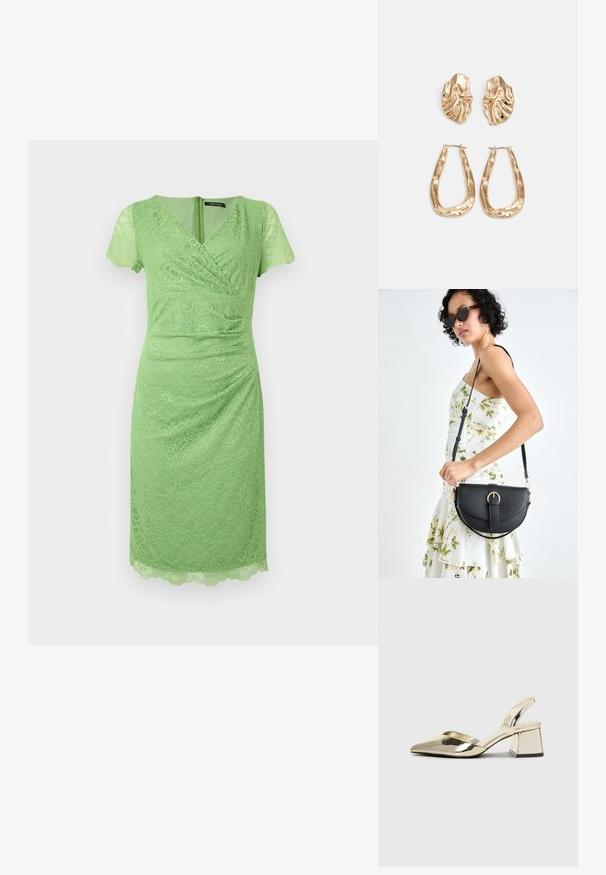 Vestido verde de renda com mangas curtas em estilo flutuante, decote em V, detalhes franzidos, comprimento até o joelho, barra com recortes e fecho com zip na parte de trás.; Sapatos de salto alto metálicos dourados, com biqueira em ponta e salto grosso. Textura suave, design minimalista e uma tira estreita.; Bolsa de couro preta com forma curva, alça destacável e detalhes em dourado. A bolsa possui uma aba com detalhe de fivela.; Brincos em tom de ouro com formas onduladas e texturizadas. Inclui studs escultóricos com presilha e um design de argola aberta com um acabamento martelado.