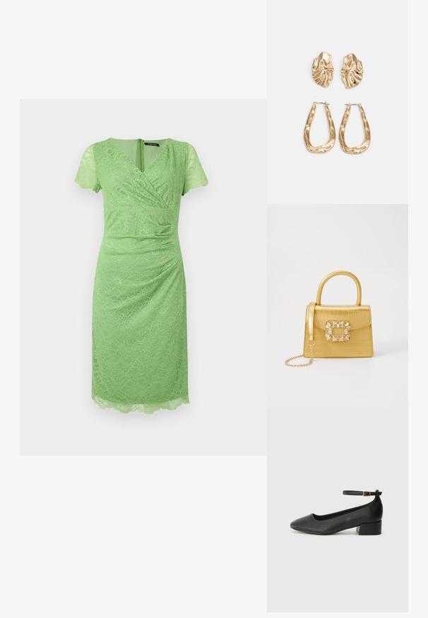 Vestido verde de renda com mangas curtas em estilo flutuante, decote em V, detalhes franzidos, comprimento até o joelho, barra com recortes e fecho com zip na parte de trás.; Sandal de pele preta com bico pontiagudo e um salto bloco baixo. Apresenta uma tira no tornozelo com uma fivela em tom dourado. Textura suave.; Bolsa amarela em pele de crocodilo falsa, com um design estruturado, pega no topo, alça de corrente removível e decoração de cristal no fecho.; Brincos em tom de ouro com formas onduladas e texturizadas. Inclui studs escultóricos com presilha e um design de argola aberta com um acabamento martelado.