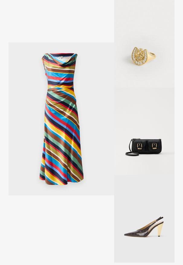 Kakla apdare kleita ar diagonālām daudzkrāsainām svītrām zilos, sarkanos, brūnos un dzeltenos toņos. Izgatavota no gludas, vieglas auduma.; Garinātā pīsma zole ar atvērtiem papēžiem, tumši brūnā spīdīgā mākslīgā krokodila ādā. Iezīmējas ar zelta krāsas ģeometrisku papēdi un regulējamu potītes jostu.; Melnas ādas crossbody soma ar divām priekšējām kabatām, zelta sprādzēm, ar rāvējslēdzēju aizdari un šauru siksnu. Strukturēta virsma un kompakta taisnstūra forma.; Zelts gredzens ar kronas dizainu iekšā, kas ietver zirgādas formu, dekorēts ar maziem caurspīdīgiem dārgakmeņiem, uz baltas fona.