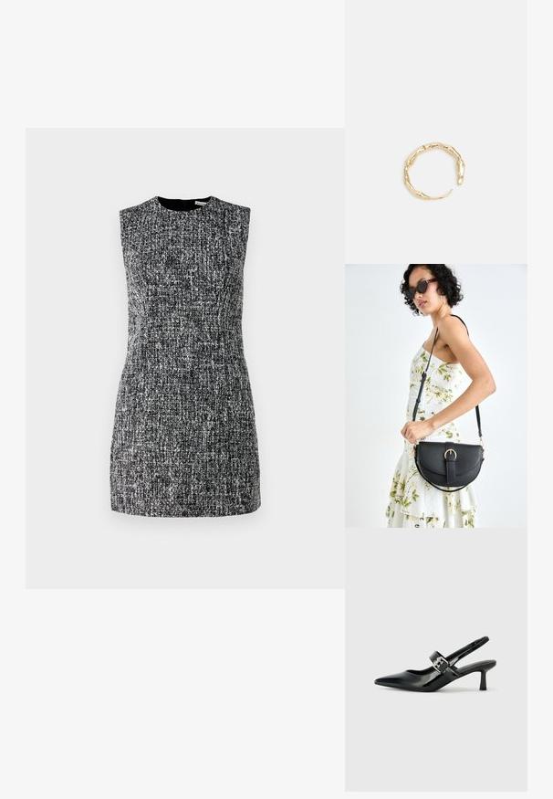 Bez piedurknēm veidota kleita no teksturēta melnbalta auduma, ar apaļu kakla izgriezumu un aizmugures rāvējslēdzēju. Īss, pieguļošs siluets.; Melnas lakotas ādas sūkņa kurpes ar norādītu purngali un mazu bloku papēdi, ar sudraba sprādzi akcentā uz jostas.; Melnas ādas rokassoma ar izliekta formu, noņemamu siksnu un zelta aksesuāriem. Somai ir vāciņš ar sprādzes detaļu.; Zelta toņa gredzens ar organisku, vērptu dizainu, gludu virsmu un sašaurinātiem galiem, radot mūsdienīgu, skulpturālu izskatu.