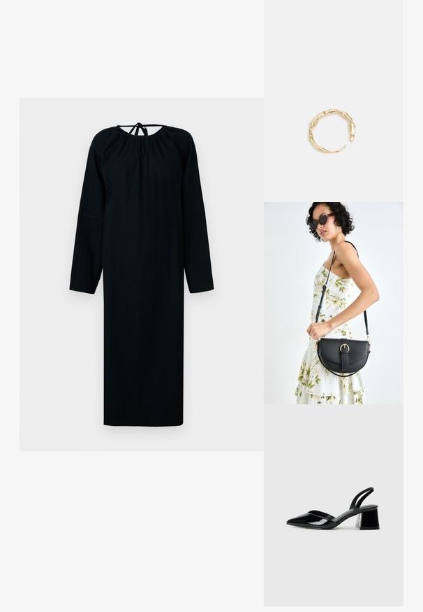 Must mustrõiv mustade pikkade varrukatega, mis on valmistatud pehmest kangast, omab ümarat dekolteed kogumise detailiga ja sidumise sulgemist taga. Lihtne siluett.; Mustad musta lakknahk kingad, millel on terav varvas ja geomeetriline plokkkonts. Omab elegantselt minimalistlikku disaini ja sujuvat tekstuuri.; Mustmust mustraha kõverate joontega, eemaldatava rihmaga ja kuldsete detailidega. Kotil on klapp, millel on pandladetail.; Kuldtoonis sõrmus, millel on orgaaniline, keerdunud disain sileda tekstuuri ja kitsenevate otstega, luues kaasaegse skulptuurilise välimuse.