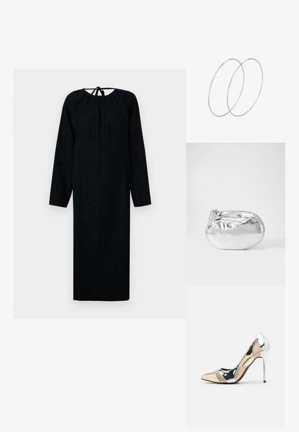 Črna obleka z dolgimi rokavi, izdelana iz mehkega blaga, ima zaobljen izrez z nabiranjem in zavezovanjem na hrbtu. Preprost silhuet.; Čevlji z visoko peto in konico, v barvni kombinaciji srebrne, zlate in nude. Sijajna obdelava z izrezljanim dizajnom, z igličasto peto.; Srebrna kovinska torbica z mehko, zaobljeno obliko in zavezano zgornjo zaporo. Narejena iz gladkega umetnega usnja.; Srebrne uhane v obliki obroča z minimalističnim dizajnom. Krožna oblika, gladka tekstura in tanek profil. Lahki s poliranim zaključkom.