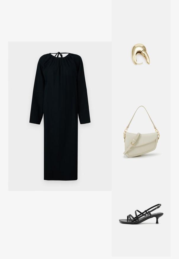 Čierne šaty s dlhým rukávom, vyrobené z mäkkej tkaniny, s okrúhlym výstrihom a detailom s nariasením, s viazaním na chrbte. Jednoduchá silueta.; Čierne sandále na podpätku s viacerými prekríženými remienkami. Hladký materiál, špicatá špička a úzky podpätok. Nastaviteľný remienok okolo členka s prackou.; Malá krémová kabelka s textúrovaným povrchom, dlhým nastaviteľným popruhom, reťazovým detailom a klopovým uzáverom. Zlaté kovové prvky.; Náušnice z kovu v zlatej farbe s elegantným, zakriveným dizajnom. Majú charakteristický špicatý tvar, leštený povrch a uzáver na pánt.