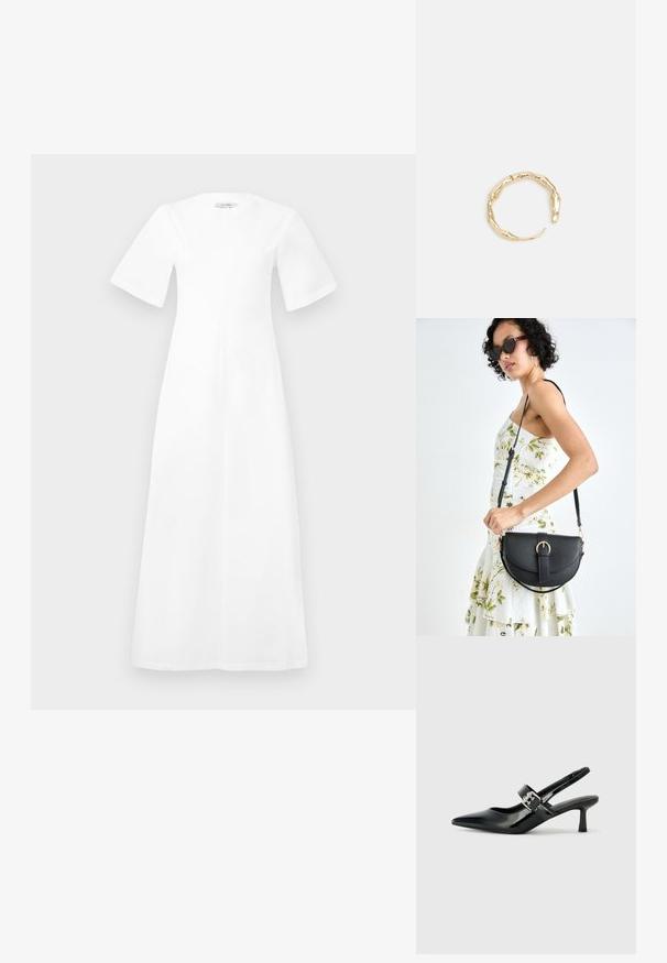 Biała sukienka do kolan z krótkimi rękawami, okrągłym dekoltem i luźnym krojem, wykonana z gładkiego materiału bez widocznych wzorów czy akcentów.; Czarne lakierowane szpilki slingback z wąskim noskiem i małym słupkiem, z ozdobnym srebrnym klamrą na pasku.; Czarna skórzana torebka o zakrzywionym kształcie, z odpinanym paskiem i złotymi akcentami. Torebka posiada klapę z zapięciem w kształcie klamry.; Pierścionek w odcieniu złota z organicznym, skręconym wzorem, o gładkiej fakturze i zwężających się końcach, tworzący nowoczesny, rzeźbiarski wygląd.