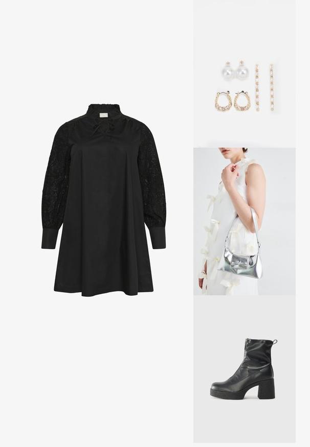 Kaffe Curve MYNTHIA - Vestito casual - black deep; Stivali neri alla caviglia in pelle liscia, con zip laterale, tacco spesso e texture, e punta arrotondata.; Borsa a mano metallica argento con forma strutturata, dotata di manico superiore e dettaglio a fiocco sulla parte frontale. Texture liscia e finitura riflettente.; Tre paia di orecchini: grandi orecchini a perla bianca a bottone, orecchini a cerchio in oro con gemme trasparenti, e due orecchini d'accento d'oro lunghi e dritti con dettagli scintillanti.