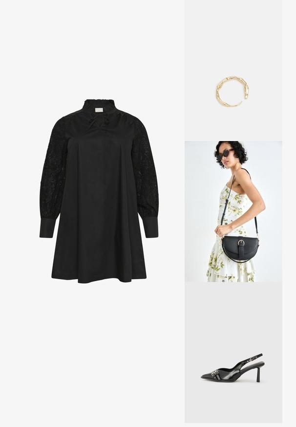 Kaffe Curve MYNTHIA - Denné šaty - black deep; Čierne lakované kožené slingback topánky s špicatou špičkou, remienkami okolo členku s striebornými prackami a hardvérom, a štíhlým podpätkom.; Čierna kožená kabelka s zaobleným tvarom, odnímateľným popruhom a zlatými doplnkami. Kabelka má klopu s detailom s prackou.; Prsteň v zlatej farbe s organickým, skrúteným dizajnom, hladkým povrchom a zužujúcimi sa koncami, vytvárajúci moderný, sochársky vzhľad.