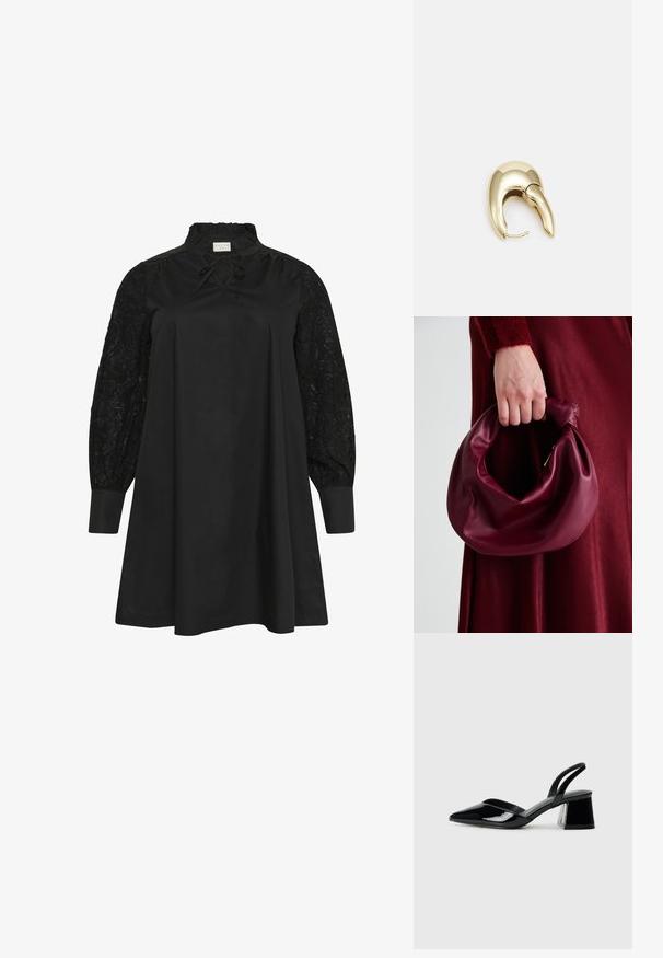 Kaffe Curve MYNTHIA - Vestito casual - black deep; Décolleté in vernice nera con punta affusolata e tacco in geometria cubica. Presentano un design elegante e minimalista, con una texture liscia.; Borsa in pelle bordeaux con un design morbido e arricciato e una forma arrotondata. Il manico è fissato, mostrando una texture liscia.; Orecchino in metallo color oro con un design elegante e curvo. Presenta una forma appuntita distintiva, superficie lucida e chiusura a cerniera.