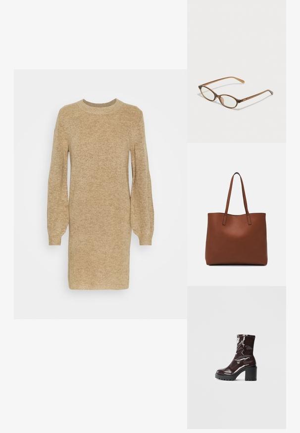 Kötött ruha világos bézs színben, kerek nyakkivágással és hosszú, enyhén puffos ujjakkal. Puha tapintású, bordázott mandzsettákkal.; Fényes bordó bokacsizma vastag fekete sarokkal, sima felülettel és egyszerű dizájnnal. Nincsenek látható zárak vagy minták.; Barna teknős páncélmintás szemüveg, ovális lencsékkel, vékony szárakkal és átlátszó részletekkel. A templomon diszkrét logó található. Elegáns, könnyű dizájn.; Barna bőr vászontáska sima textúrával, nyitott tetejű dizájnnal és két vállpánttal. Minimális varrással és látható hardver nélkül készült.