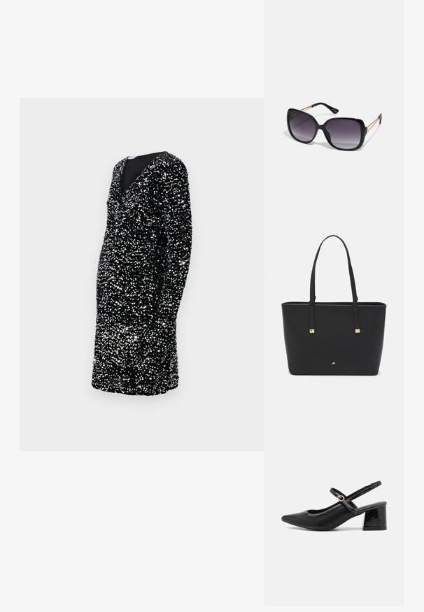 Fekete ruha hosszú ujjakkal, mély V-nyakkal, ezüst flitterekkel díszítve, testhez álló sziluett, térd alá érő, texturált felület.; Fekete lakk bőr, pántos magassarkú cipő, hegyes orral, lekerekített kivágással és tömbsarkal. Arany színű csat díszíti.; Fekete, oversize napszemüveg fokozatos árnyalatú lencsékkel, vastag kerettel és arany színű lánc díszítéssel a szárakon.; Fekete tote táska szintetikus anyagból, egyszerű téglalap formájú dizájnnal, arany négyzet díszítésekkel és dupla fogantyúkkal.