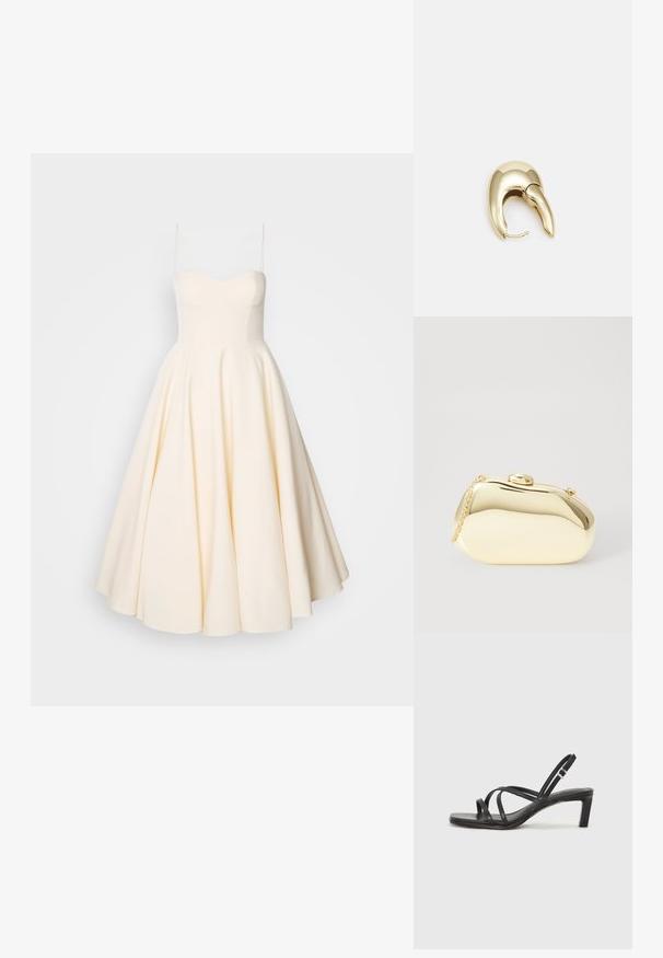 Čipkované šaty bez ramienok v krémovej farbe, s priliehavým telom, rozšírenou sukňou a hladkým povrchom. Jednoduchý a elegantný dizajn bez vzorov.; Čierne sandále na vysokom podpätku so štvorcovou špičkou a nízkym blokovým podpätkom. Obsahujú viacero tenkých popruhov a nastaviteľný členkový popruh. Vyrobené z hladkej kože.; Kovová zlatá kabelka s hladkým, zaobleným tvarom, ktorá má horné zapínanie na gombík a malý reťazový popruh na nosenie.; Náušnice z kovu v zlatej farbe s elegantným, zakriveným dizajnom. Majú charakteristický špicatý tvar, leštený povrch a uzáver na pánt.