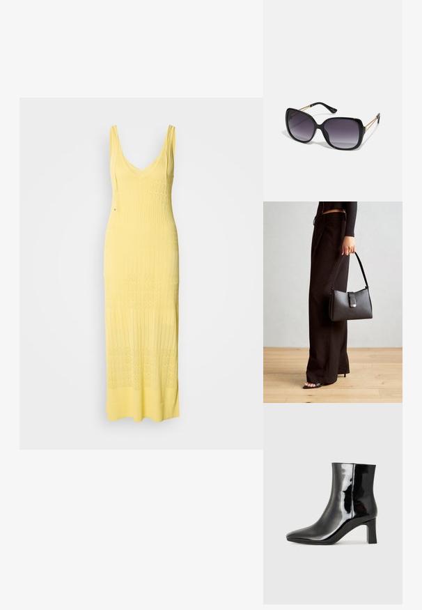 Kootud maksimeelse kleit heledas kollases, millel on V-kaelus ja reguleeritavad õhukesed rihmad. Omab tekstureeritud mustrit vahelduvate sektsioonidega.; Must-sinine nahkjalats musta läikiva viimistlusega, millel on terav nina ja keskmise kõrgusega plokk konts. Sile tekstuur ja minimalistik disain.; Mustad ümarad päikeseglaasid, millel on gradient objektiivid, paksud raamid ja kuldse tooni kettaga kaunistused tempelitel.; Must musta kott, millel on struktureeritud kuju, sile tekstuur ja metallist klamber. Kombineeritud laiate mustade pükstega ja avatud varvaste sandaalidega puidust põrandal.