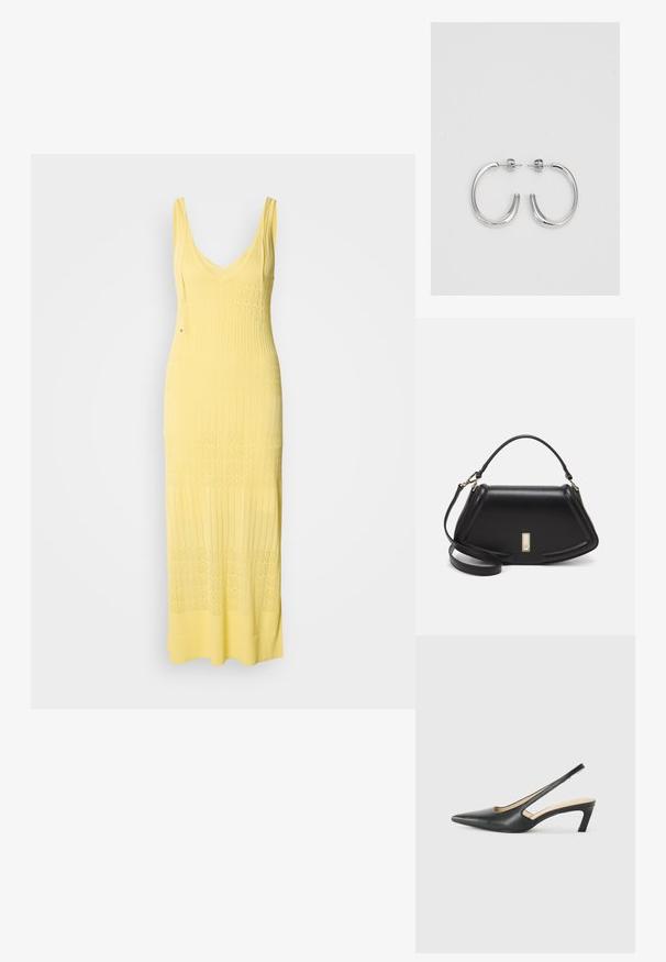 Abito maxi in maglina di colore giallo chiaro con scollatura a V e spalline regolabili. Presenta un motivo testurizzato con sezioni alternate.; Scarpa slingback nera con punta affilata e tacco basso, realizzata in pelle liscia e con un design a taglio laterale per favorire la traspirabilità.; Borsa a mano in pelle nera con un design strutturato, caratterizzata da una forma corta, manico superiore e accessori in metallo dorato. Inclusa tracolla regolabile.; Orecchini a cerchio in argento con superficie liscia e lucida, caratterizzati da una forma curva e chiusura a perno. Design minimalista con finitura moderna.