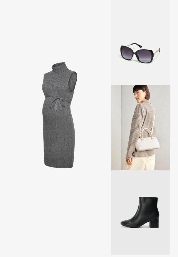 Siva trudnička haljina od rebrastog pletiva s visokim vratom, bez rukava i podesivim vezicama u struku za bolju prilagodbu. Glatka tekstura na cijeloj haljini.; Crne kožne čizme do članaka s uskim vrhom i debelim potplatom. Glatka tekstura s minimalnim detaljima i elegantan, prilagođen dizajn.; Crne prevelike sunčane naočale s gradijentnim lećama, debelim okvirom i zlatnim lancem kao detaljem na krakovima.; Bijela strukturna torba s kratkim ručkama i remenom za rame, s zlatnim metalnim detaljima i teksturiranim materijalom, prikazana na sivoj pozadini.