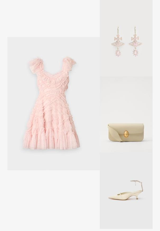 Rózsaszín ruha réteges, fodros tüllből. Rövid, fodros ujakkal és testhez simuló felső résszel rendelkezik, végig fokozatosan bővülő szoknyába torkollik.; Krém színű, hegyes orrú, slingback sarkú cipő vékony elülső pánttal és ékszerekkel díszített bokapánttal fehér háttérrel.; Beige bőrtáska sima textúrával, téglalap alakban, arany ovális zárral. Hosszú, állítható pánttal rendelkezik.; Rózsaszín drágakő fülbevalók masni mintával, réteges szerkezettel és csillogó díszítéssel; a fém alkatrészek megőrzik a fényes felületet.