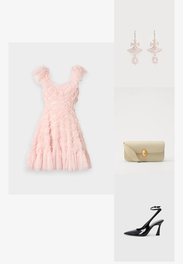 Rózsaszín ruha réteges, fodros tüllből. Rövid, fodros ujakkal és testhez simuló felső résszel rendelkezik, végig fokozatosan bővülő szoknyába torkollik.; Fekete lakk bőrből készült, slingback magas sarkú cipők, hegyes orral, állítható bokapánttal és mérsékelt tömbsarkal. Simább textúra, fényes felület.; Beige bőrtáska sima textúrával, téglalap alakban, arany ovális zárral. Hosszú, állítható pánttal rendelkezik.; Rózsaszín drágakő fülbevalók masni mintával, réteges szerkezettel és csillogó díszítéssel; a fém alkatrészek megőrzik a fényes felületet.