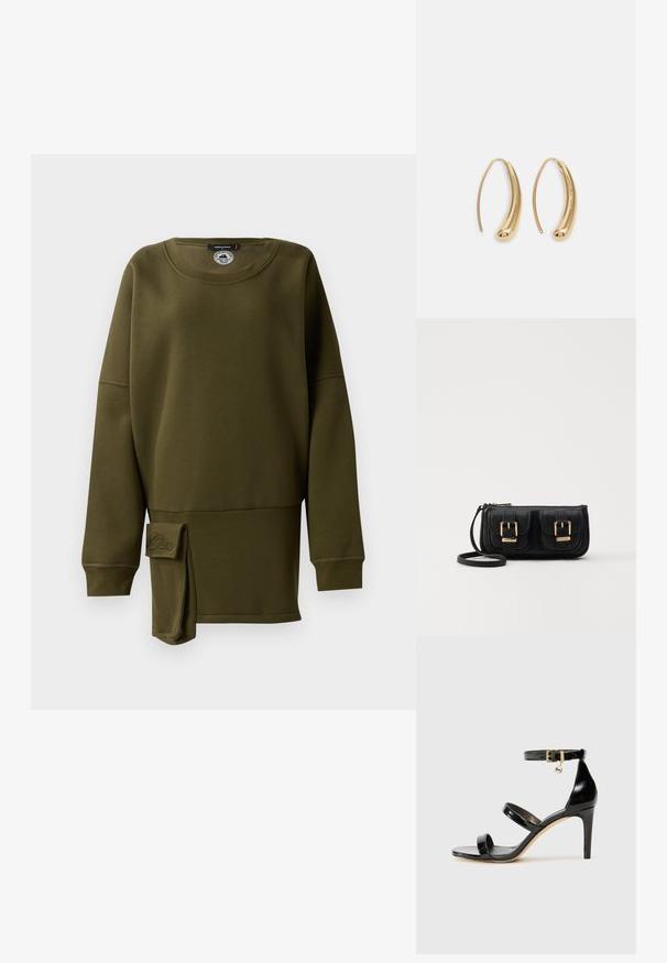 Olive green sweatshirt, soft material, crew neckline, long sleeves, side slit with fabric accent, embroidered logo detail on the lower front.; Black patent leather sandal with three straps, ankle buckle, and 4-inch stiletto heel. Features gold hardware detail and logo charm.; Black leather crossbody bag with two front pockets, gold buckles, zipper closure, and a slim strap. Textured surface and compact rectangular shape.; Gold-tone metal hoop earrings with a curved, elongated shape. Features a smooth, shiny surface and a rounded tip for added detail.