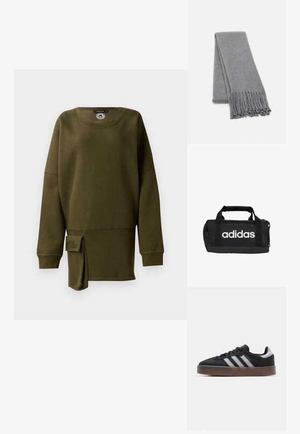 Olivgrön sweatshirt, mjukt material, rundad halsringning, långa ärmar, sidoslits med tygdetalj, broderad logotypdetalj på den nedre framsidan.; Svarta sneakers med en strömlinjeformad design, som har tre vita ränder, en svart tunga och en texturerad brun gummisula. Accentuerat med guldtryck.; Grå ullscarf med en mjuk textur, med fransade kanter och en enkel design. Fint vikt, vilket visar dess avlånga form.; Svart duffelväska med vitt Adidas-logotyp, tillverkad av slitstarkt material. Har två handtag och dragkedjestängning. Strukturerad yta med förstärkt botten.