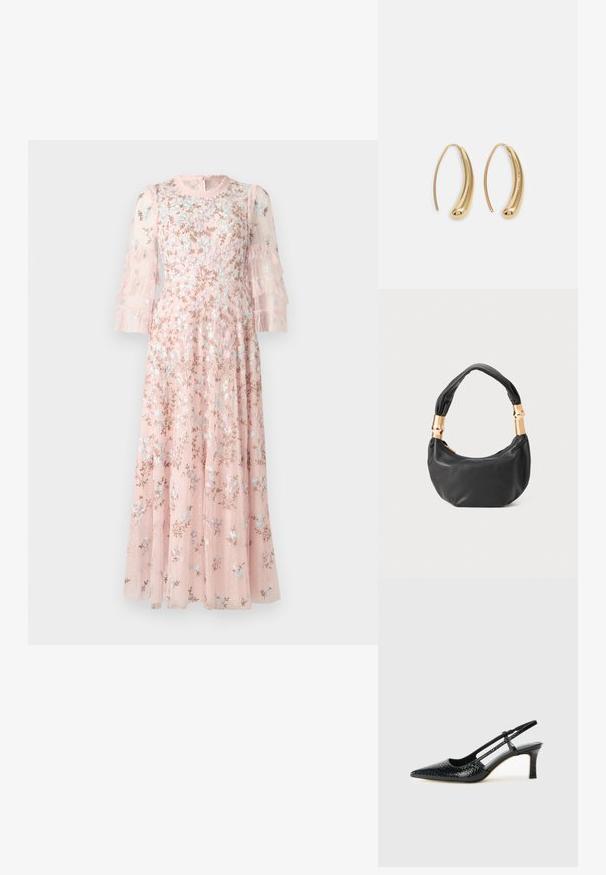 Needle & Thread EVERETT BLOOM ROUND NECK GOWN - Ballkleid - light pink; Schwarze Lack-Slingback-Pumps mit spitzem Zehenbereich, versehen mit strukturiertem Schlangenprint, verstellbarem Riemen und einem kurzen, strukturierten Blockabsatz.; Schwarze Lederhandtasche mit runder Form, weicher Textur und einem geknoteten Griff mit goldfarbenen Hardware-Akzenten. Reißverschlussverschluss.; Goldfarbene Metall-Hoops mit einer geschwungenen, länglichen Form. Sie verfügen über eine glatte, glänzende Oberfläche und eine abgerundete Spitze für zusätzliche Details.
