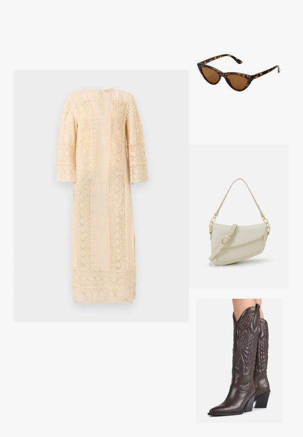 Svetlo bež obleka z bogato čipkastimi detajli ob rokavih in straneh, sproščenega kroja in subtilnim V-izrezom.; Rjave usnjene kavbojske čevlje z ostrim nosom in blok peto, ki vsebujejo podrobno šivanje in dvignjene dodatke na zgornjem delu.; Mačje oči sončna očala z okvirom v črno-oranžni želvej ohišji, rjavimi lečami in elegantnimi, ostrimi konicami. Imajo minimalistični logo na ročaju.; Mala kremna torbica z teksturiranim zaključkom, dolgim nastavljivim trakom, verižnim poudarkom in zapiranjem na poklop. Detajli iz zlatega kovinskega materiala.