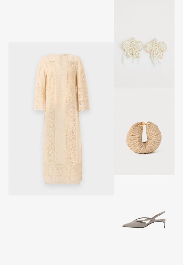 Light beige dress featuring intricate lace detailing along the sleeves and sides, with a relaxed fit and a subtle V-neckline.; Beige slingback heels with a pointed toe, thin crossed straps, and a short stiletto heel. Smooth fabric with gold-tone hardware accents.; Cult Gaia UBAH - Clutch - wheat; Cult Gaia UBAH - Clutch - wheat; Cult Gaia UBAH - Clutch - wheat; Pearl flower earrings with gold accents. Each petal features small, round pearls arranged in a floral design, with trailing pearl details.